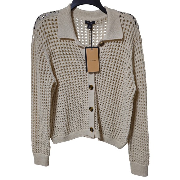 Halogen Sweaters - Halogen‎ Womens Cream Open Knit Mesh Cardigan Sweater Polo Collar Size M NWT